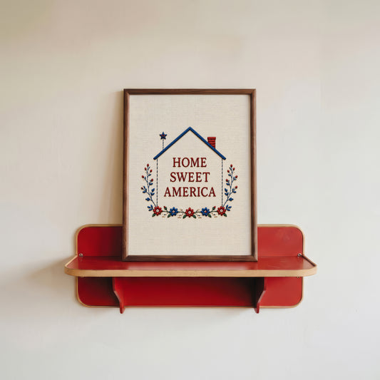 Embroidered Home Sweet America Print, Patriotic Floral Wreath Textile, 4th of July Poster (Digital Download)