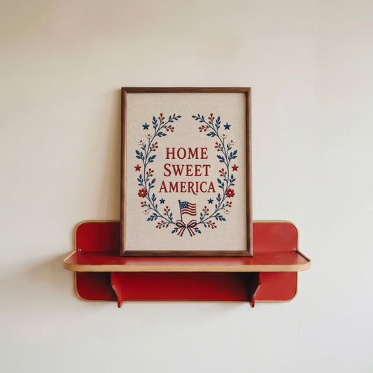 Embroidered Home Sweet America Print, Patriotic Floral Wreath Textile, 4th of July Poster (Digital Download)