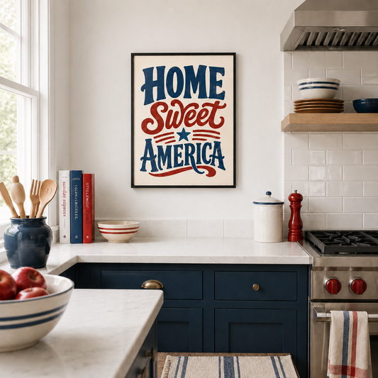 Home Sweet America Wall Art, Patriotic Typography Print, 4th of July Americana Poster, Vintage USA Decor