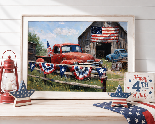 Vintage Patriotic Truck Wall Art, 4th of July Farmhouse Print, Americana Barn Poster, Rustic Summer Decor