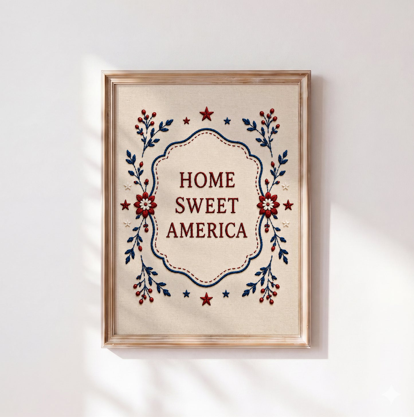 Embroidered Home Sweet America Print, Patriotic Floral Wall Art, 4th of July Textile Poster (Digital Download)