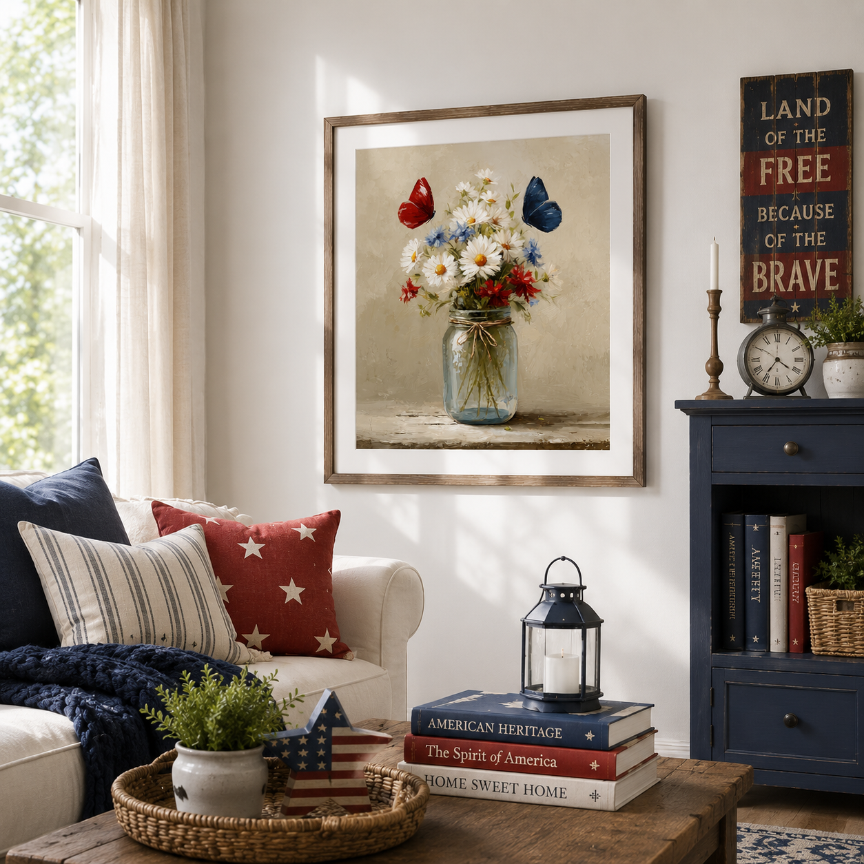 Patriotic Daisy Flower Jar Wall Art, 4th of July Americana Floral Poster (Digital Download)