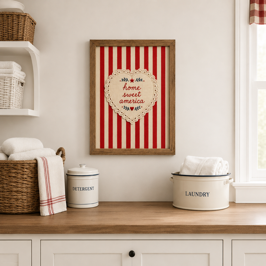 Embroidered Home Sweet America Wall Art, Patriotic 4th of July Print, Americana Textile Poster (Digital Download)