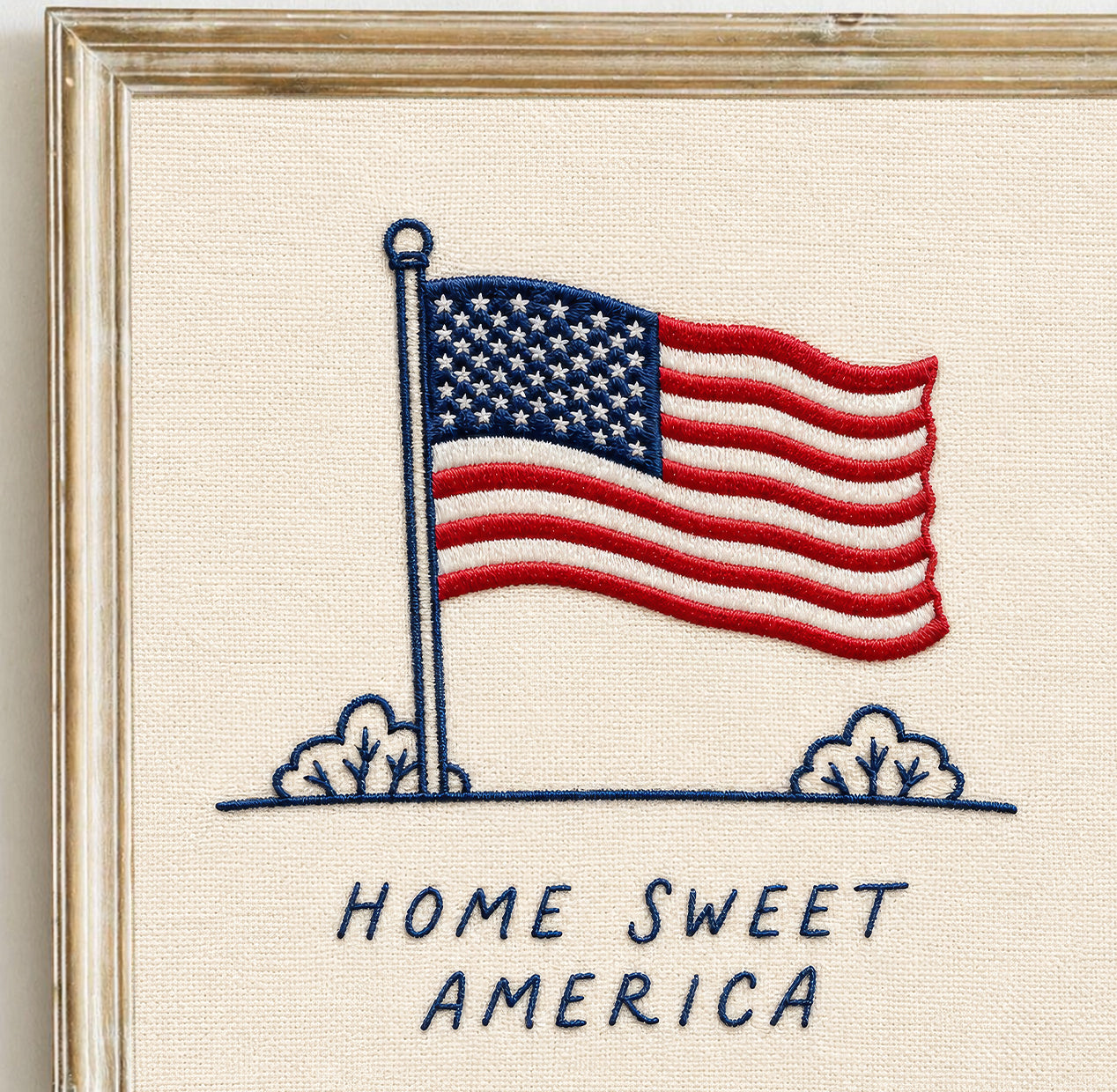 Embroidered American Flag Wall Art, Home Sweet America, Vintage Patriotic Print (Digital Download)