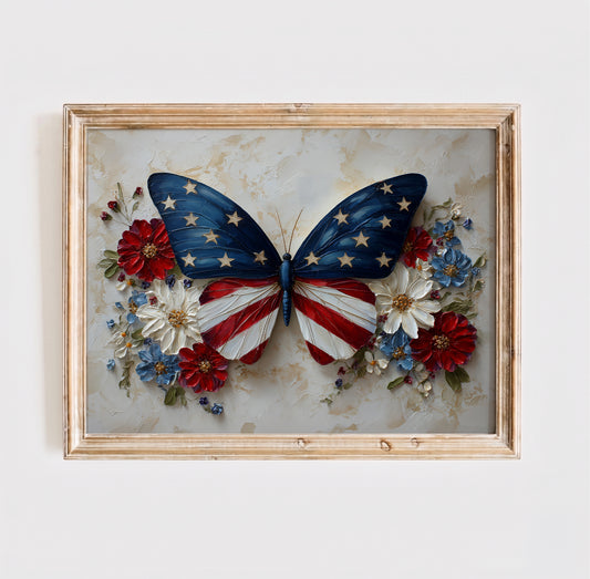 Patriotic Butterfly Wall Art, American Flag Floral Print, 4th of July Poster (Digital Download)