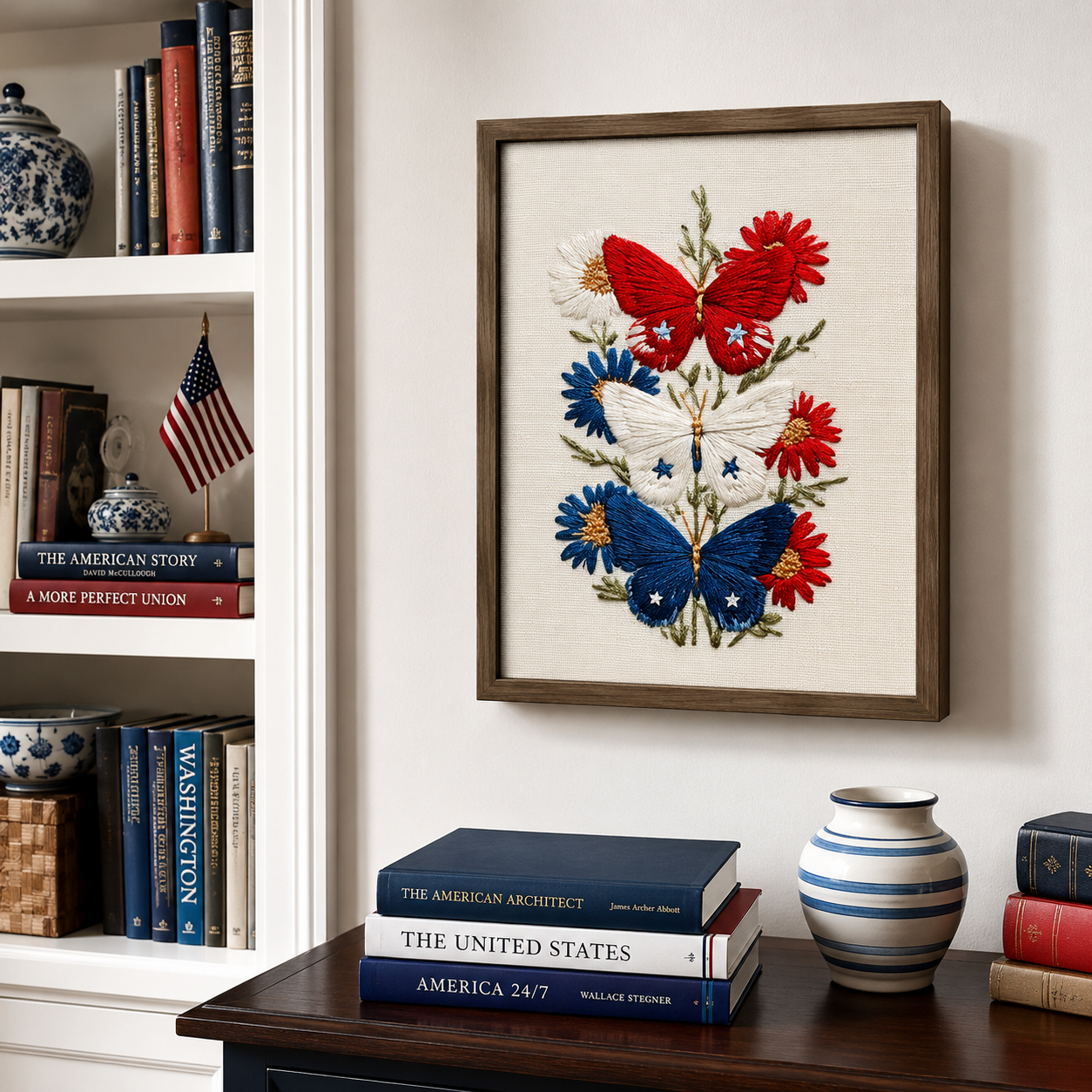 Embroidered Patriotic Butterfly Wall Art, Red White Blue Floral Print, 4th of July Americana Decor (Digital Download)