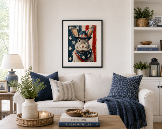 Patriotic Bunny Wall Art, 4th of July Rabbit Print, America 250th Anniversary Poster, Vintage Americana Decor