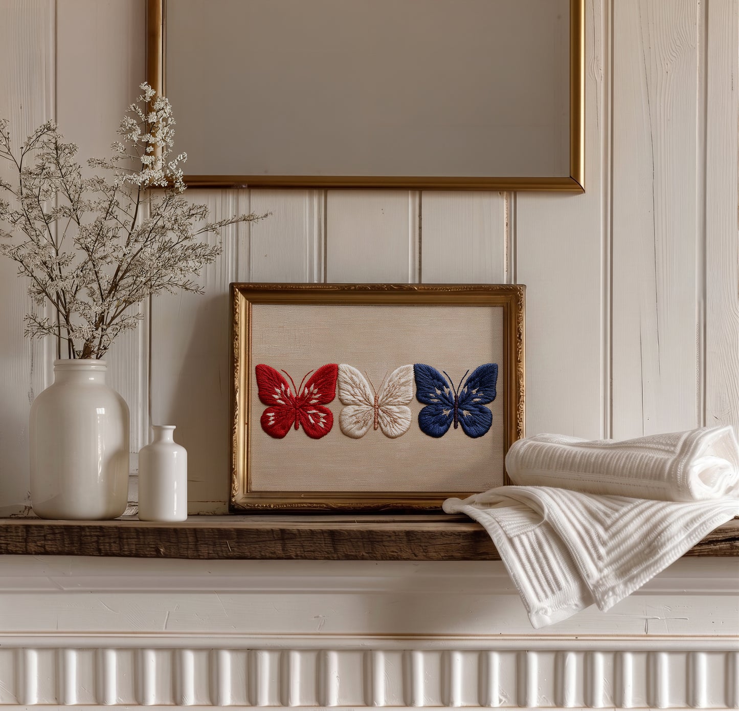 Embroidered Patriotic Butterfly Wall Art, Red White Blue Americana Print, 4th of July Textile Poster, Summer Decor