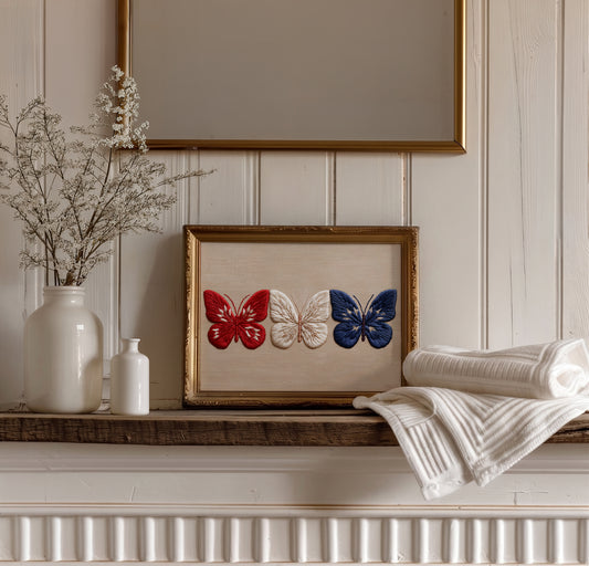 Embroidered Patriotic Butterfly Wall Art, Red White Blue Americana Print, 4th of July Textile Poster, Summer Decor