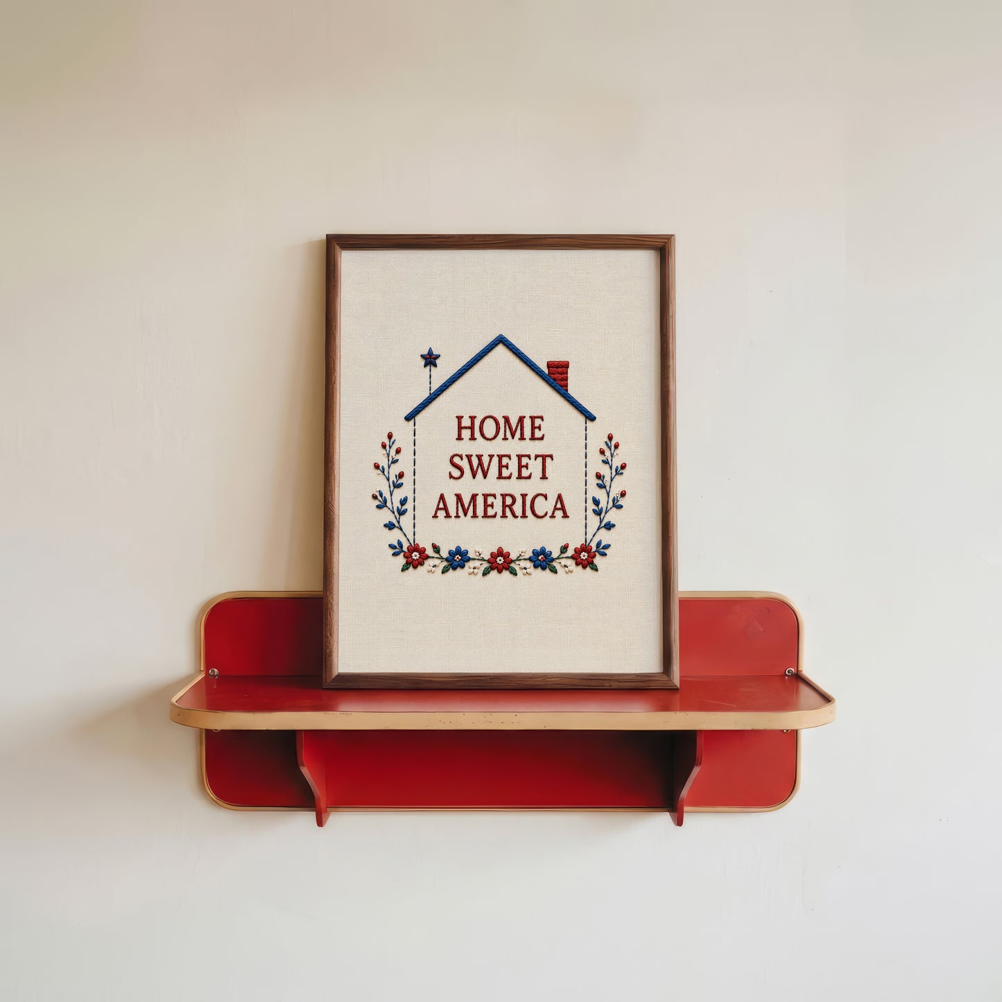 Embroidered Home Sweet America Print, Patriotic Floral Wreath Textile, 4th of July Poster (Digital Download)