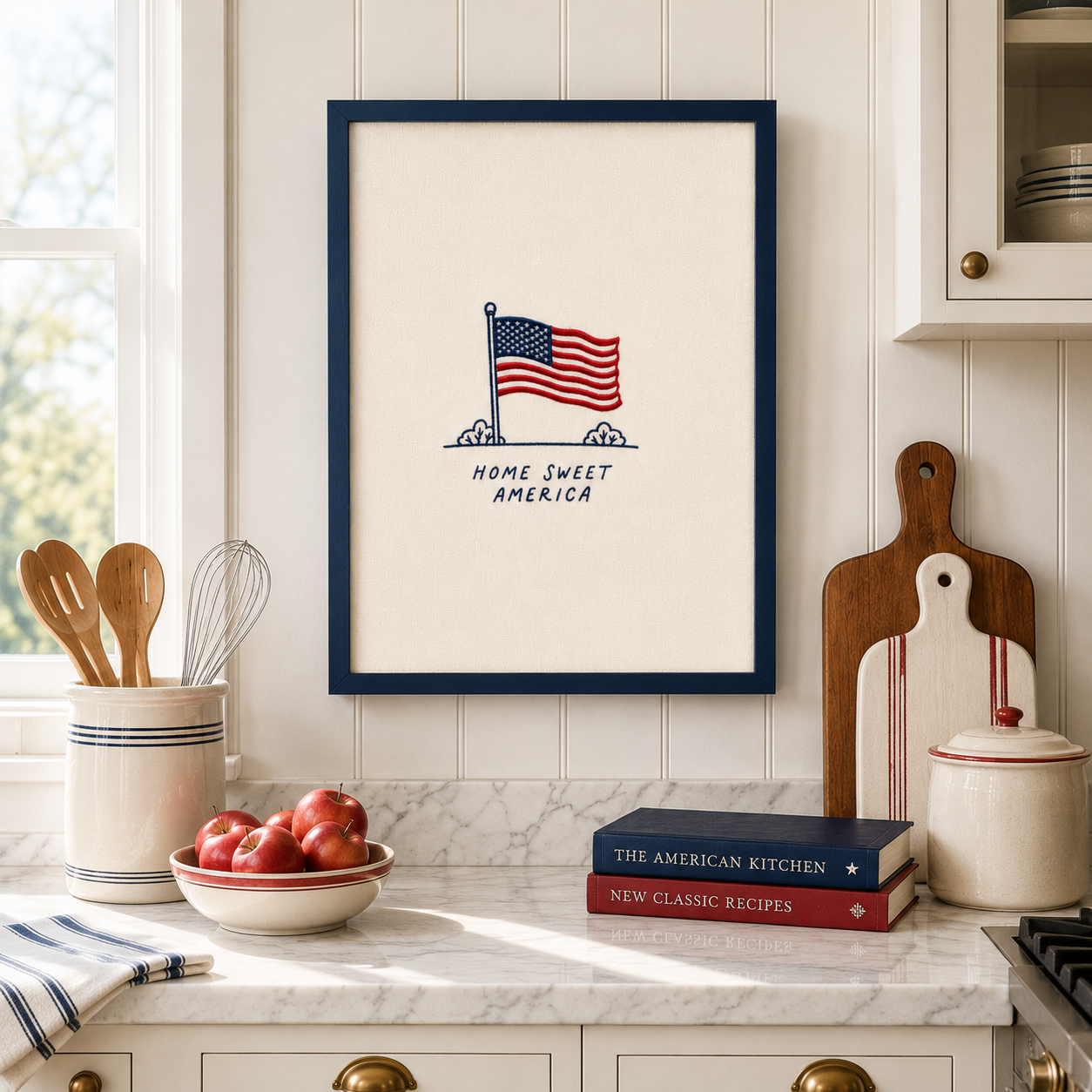 Embroidered American Flag Wall Art, Home Sweet America, Vintage Patriotic Print (Digital Download)