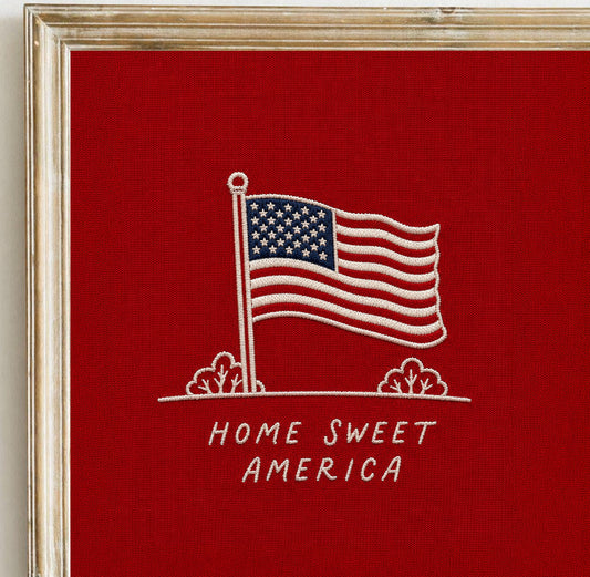 Embroidered Home Sweet America Wall Art, Patriotic Flag Print, Minimalist 4th of July Textile Poster