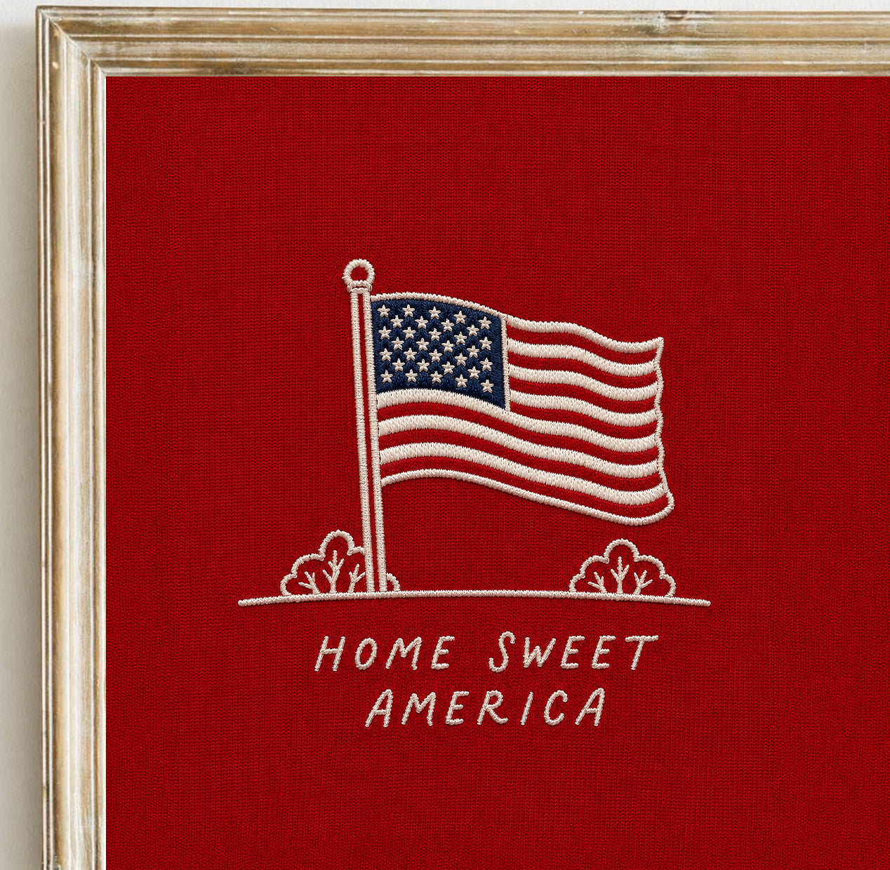 Embroidered Home Sweet America Wall Art, Patriotic Flag Print, Minimalist 4th of July Textile Poster