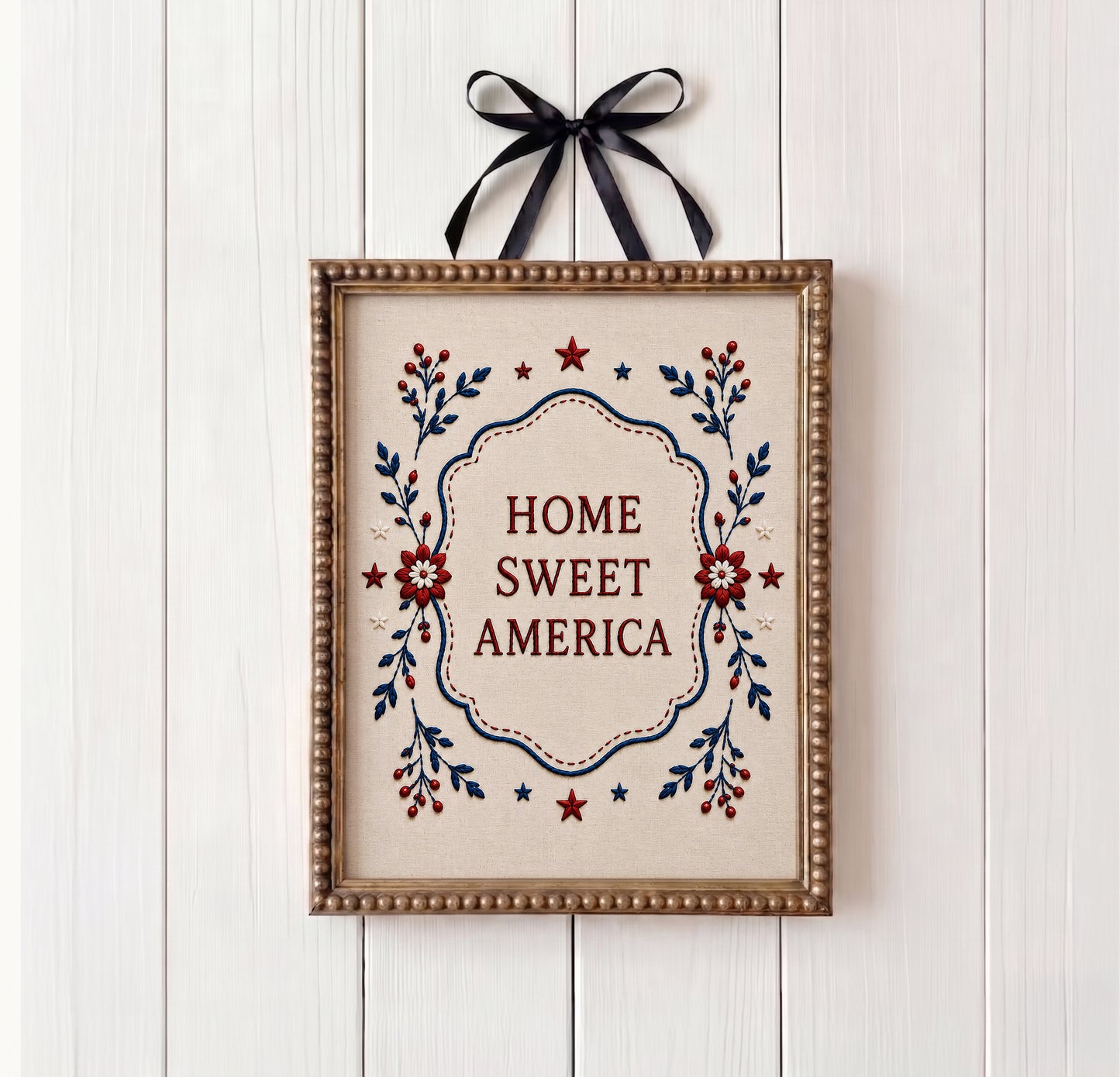Embroidered Home Sweet America Print, Patriotic Floral Wall Art, 4th of July Textile Poster (Digital Download)