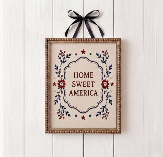 Embroidered Home Sweet America Print, Patriotic Floral Wall Art, 4th of July Textile Poster (Digital Download)