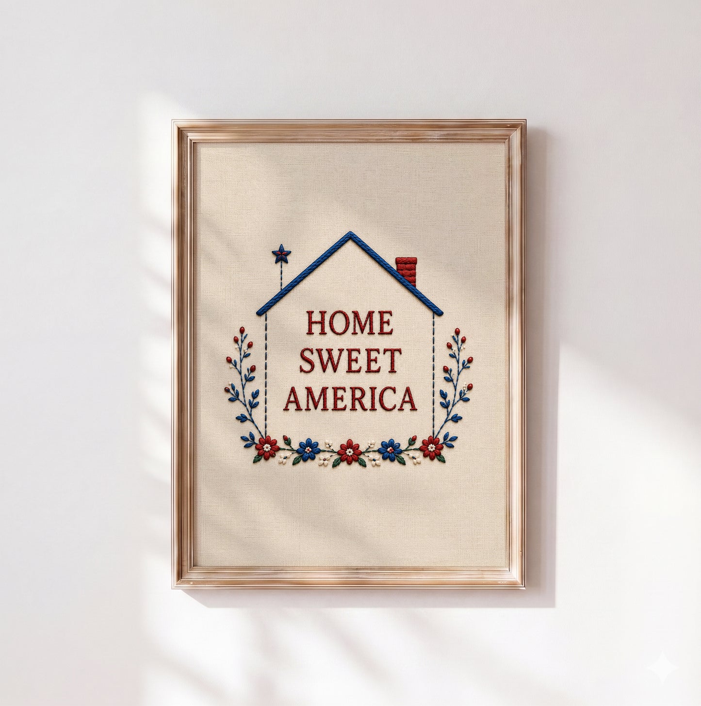 Embroidered Home Sweet America Print, Patriotic Floral Wreath Textile, 4th of July Poster (Digital Download)