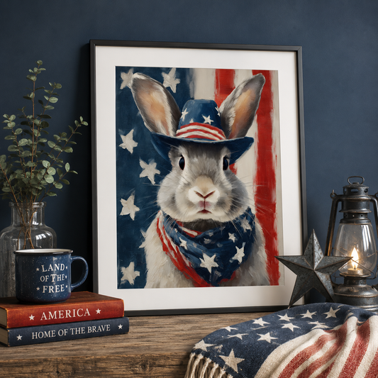 Patriotic Bunny Wall Art, 4th of July Rabbit Print, America 250th Anniversary Poster, Vintage Americana Decor