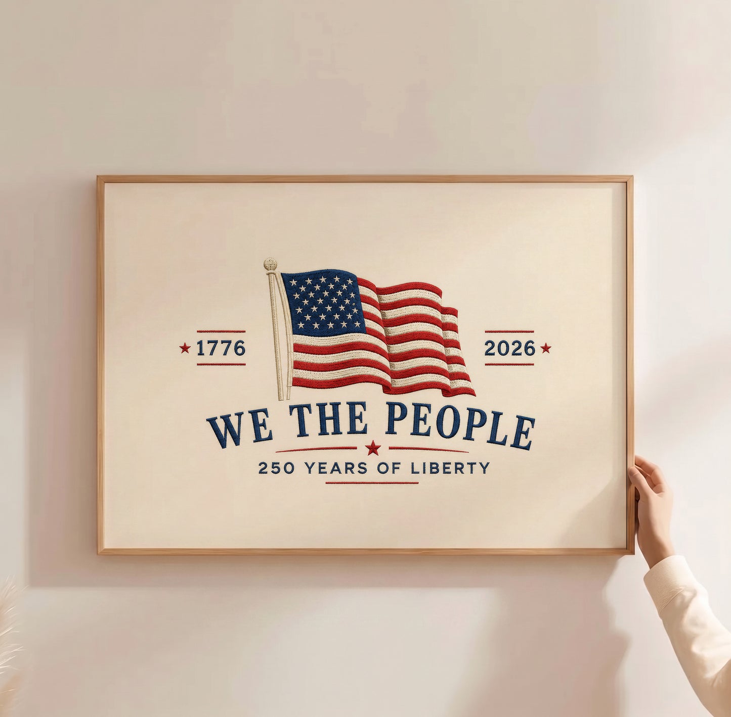 We the People 250th Anniversary Print, Embroidered Patriotic Flag Poster, 1776 2026 Americana Art, 4th of July Decor