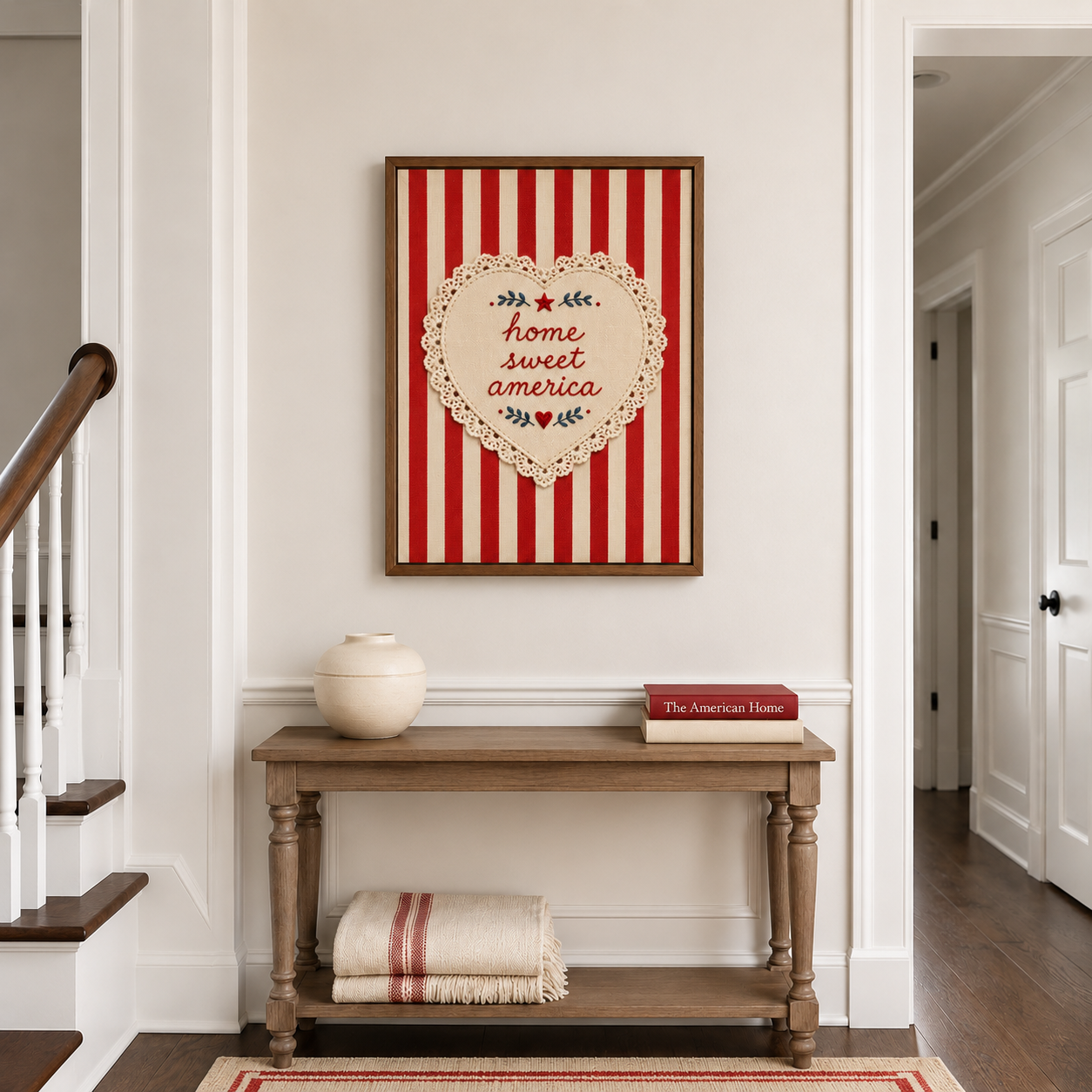Embroidered Home Sweet America Wall Art, Patriotic 4th of July Print, Americana Textile Poster (Digital Download)
