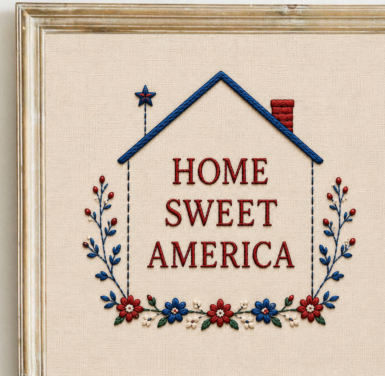 Embroidered Home Sweet America Print, Patriotic Floral Wreath Textile, 4th of July Poster (Digital Download)