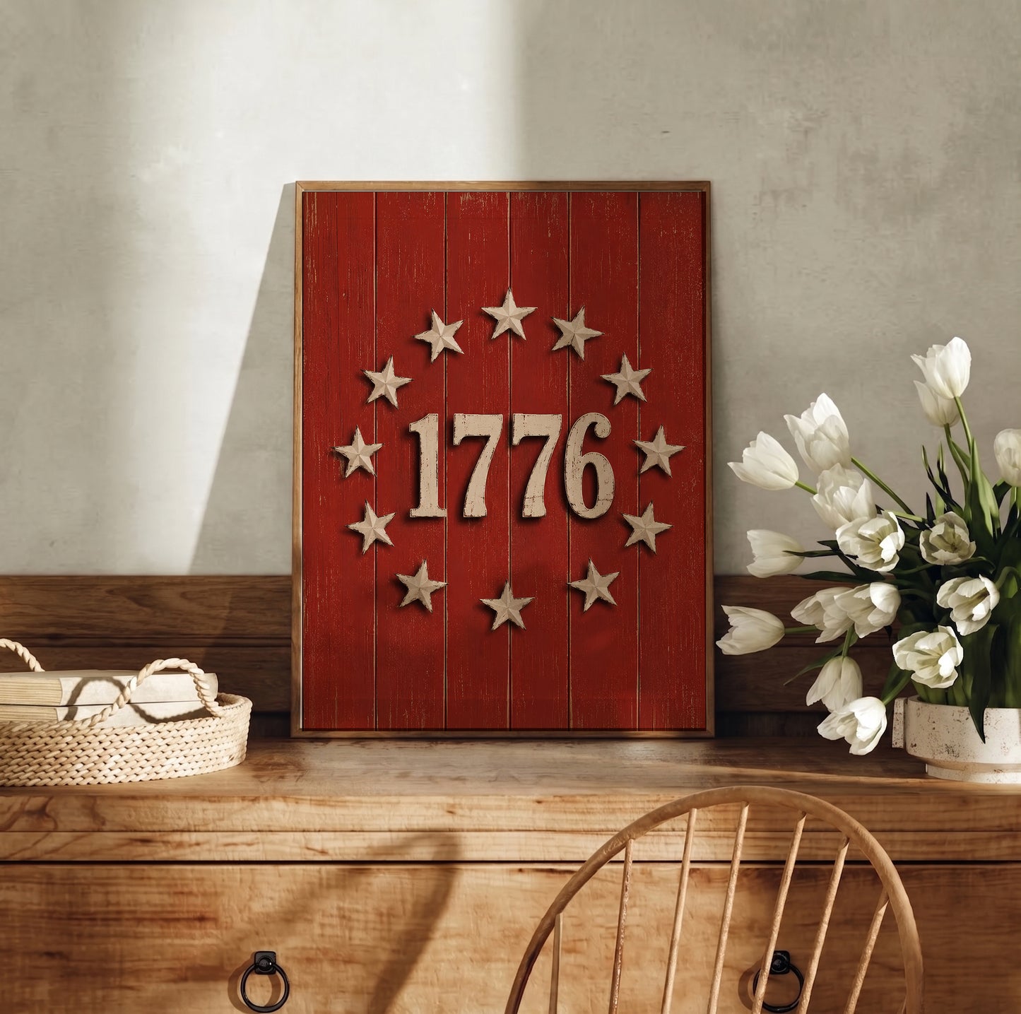 1776 Patriotic Wood Sign Wall Art, Rustic 4th of July Poster, Vintage Americana Stars Print (Digital Download)