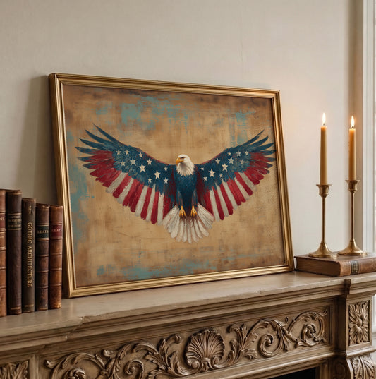American Flag Eagle Wall Art, Patriotic Poster, 4th of July Print, Vintage Americana Decor