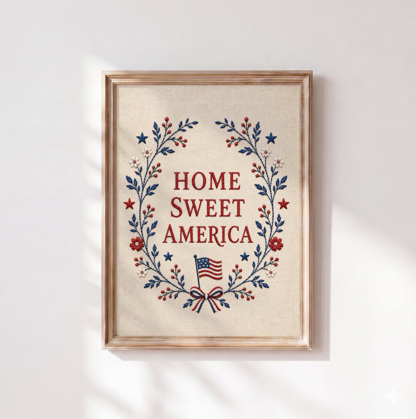 Embroidered Home Sweet America Print, Patriotic Floral Wreath Textile, 4th of July Poster (Digital Download)