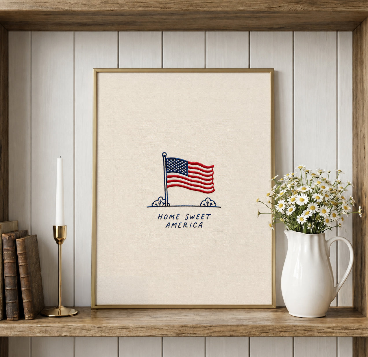 Embroidered American Flag Wall Art, Home Sweet America, Vintage Patriotic Print (Digital Download)