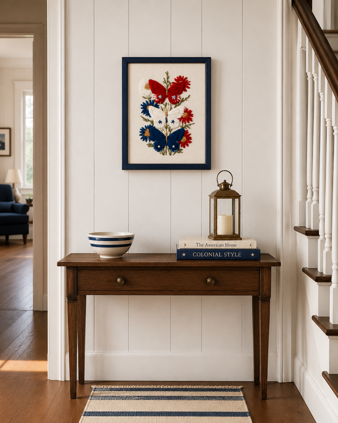 Embroidered Patriotic Butterfly Wall Art, Red White Blue Floral Print, 4th of July Americana Decor (Digital Download)