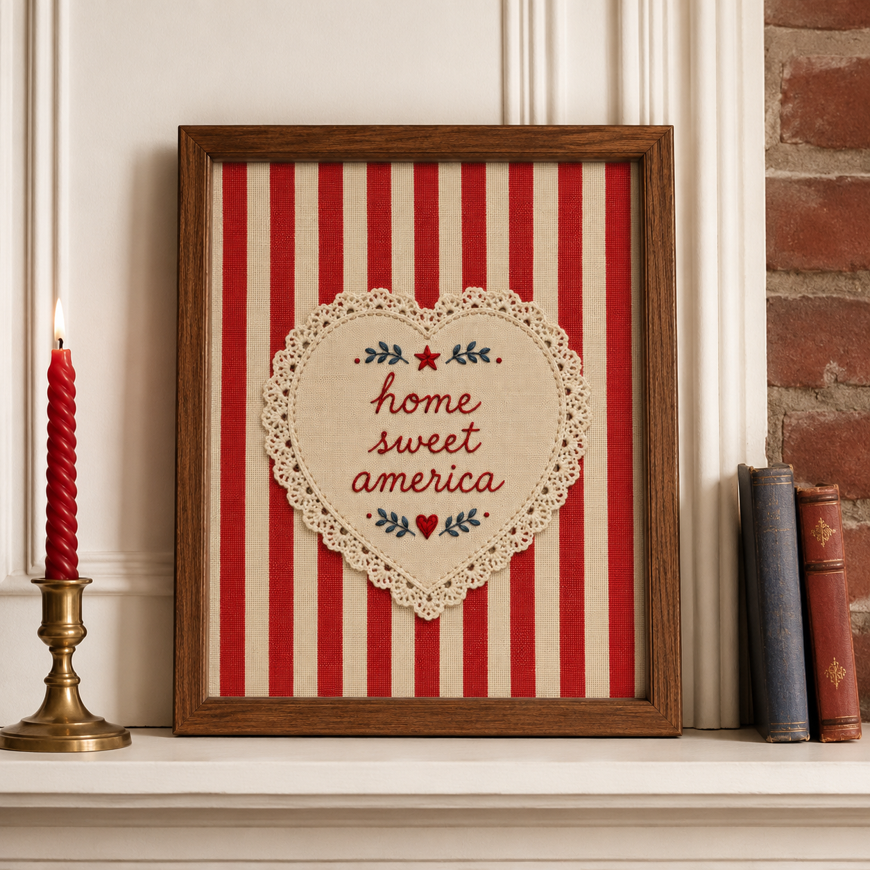 Embroidered Home Sweet America Wall Art, Patriotic 4th of July Print, Americana Textile Poster (Digital Download)