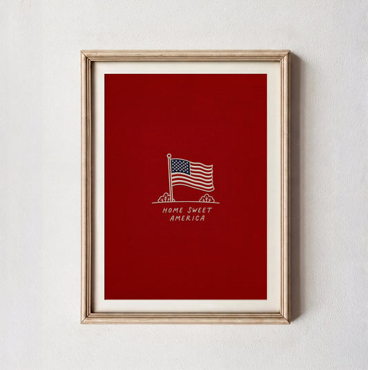 Embroidered Home Sweet America Wall Art, Patriotic Flag Print, Minimalist 4th of July Textile Poster