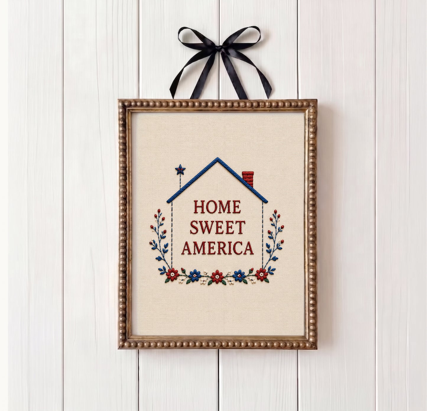 Embroidered Home Sweet America Print, Patriotic Floral Wreath Textile, 4th of July Poster (Digital Download)