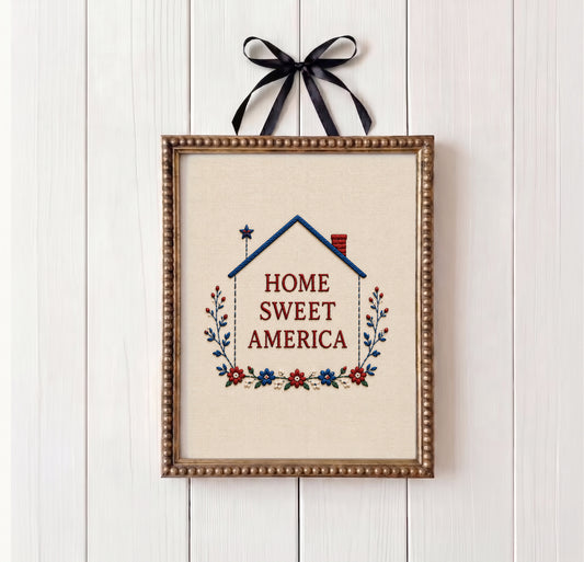 Embroidered Home Sweet America Print, Patriotic Floral Wreath Textile, 4th of July Poster (Digital Download)