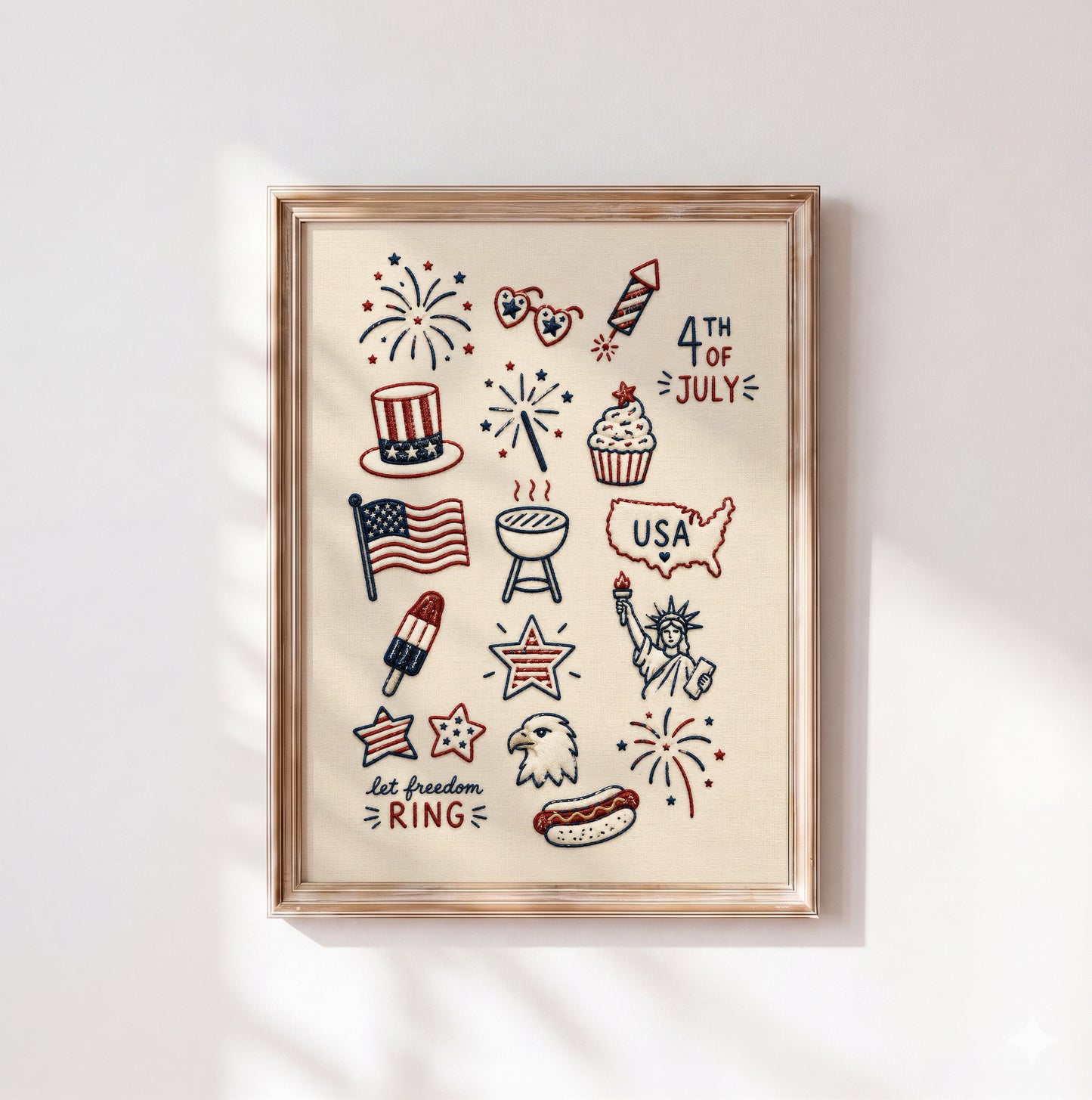Embroidered 4th of July Icons Print, Patriotic USA Sampler Poster, Americana Wall Art (Digital Download)