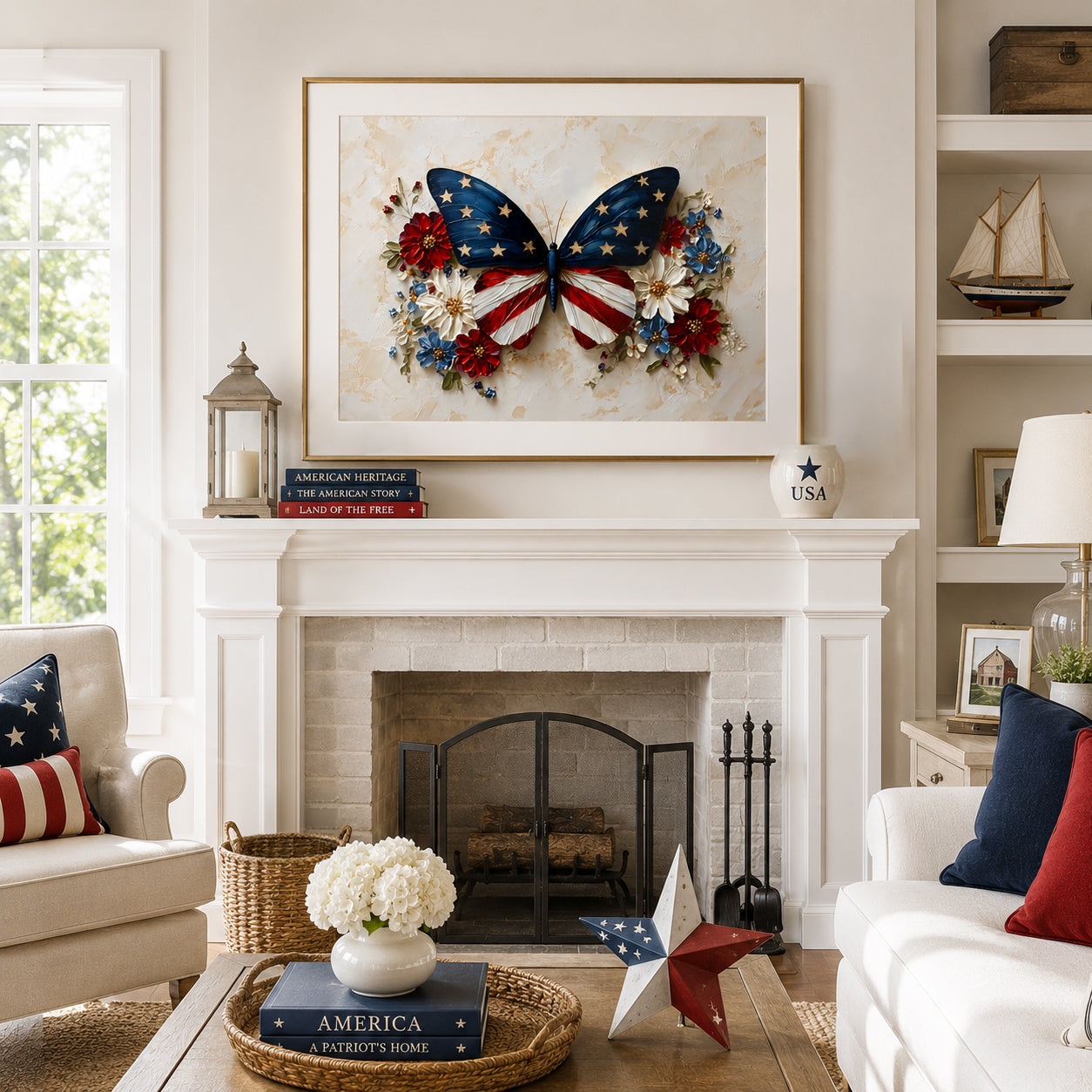 Patriotic Butterfly Wall Art, American Flag Floral Print, 4th of July Poster (Digital Download)