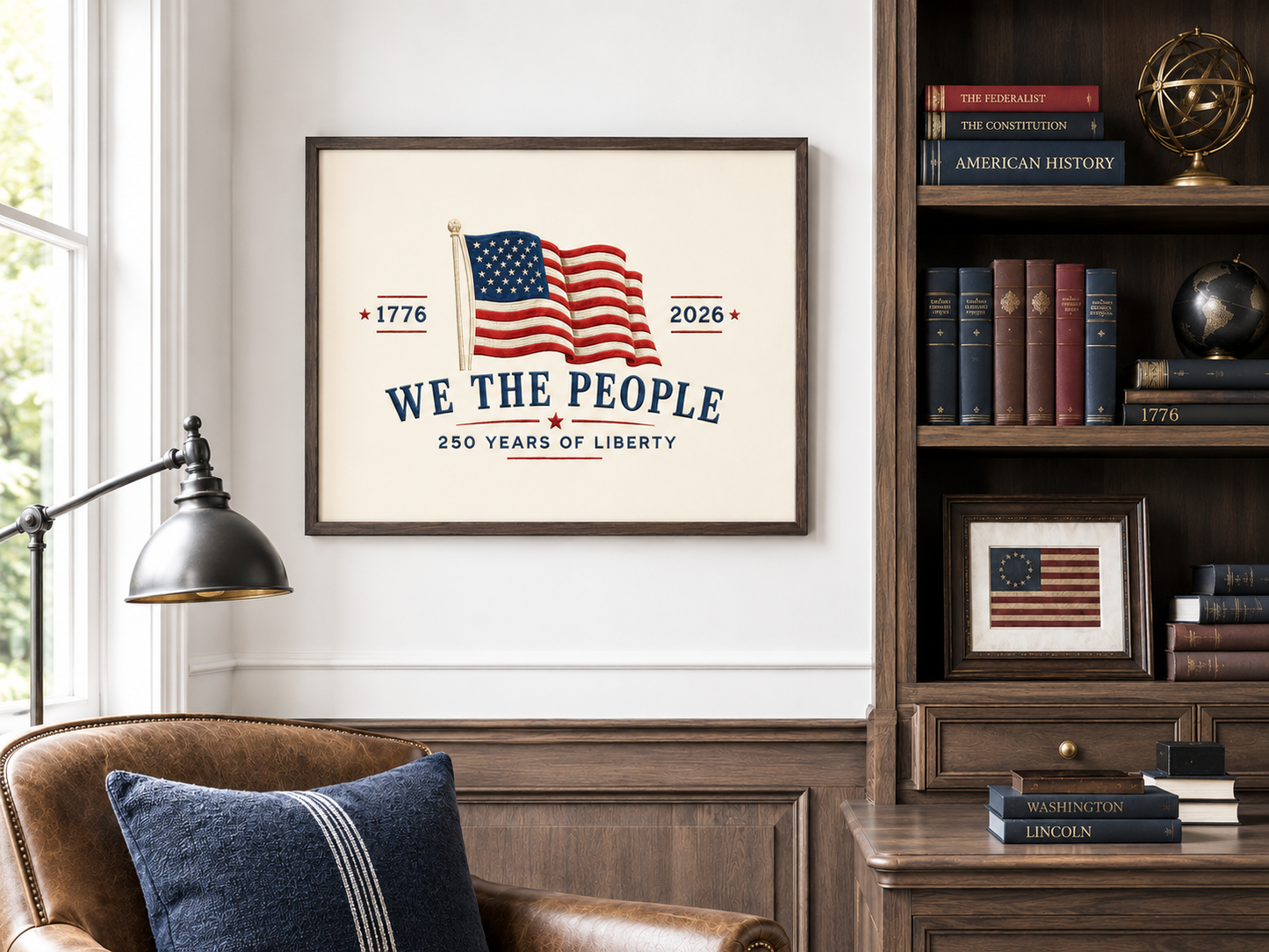 We the People 250th Anniversary Print, Embroidered Patriotic Flag Poster, 1776 2026 Americana Art, 4th of July Decor