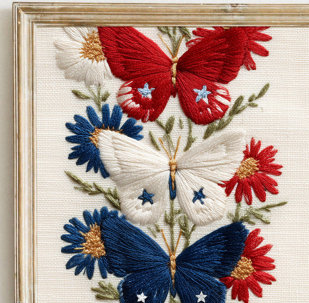 Embroidered Patriotic Butterfly Wall Art, Red White Blue Floral Print, 4th of July Americana Decor (Digital Download)