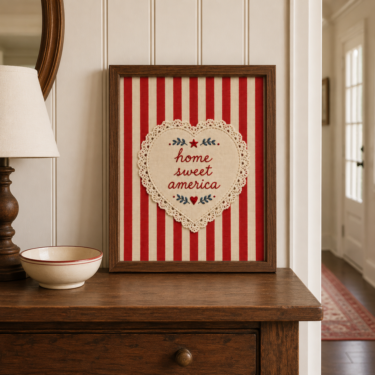 Embroidered Home Sweet America Wall Art, Patriotic 4th of July Print, Americana Textile Poster (Digital Download)