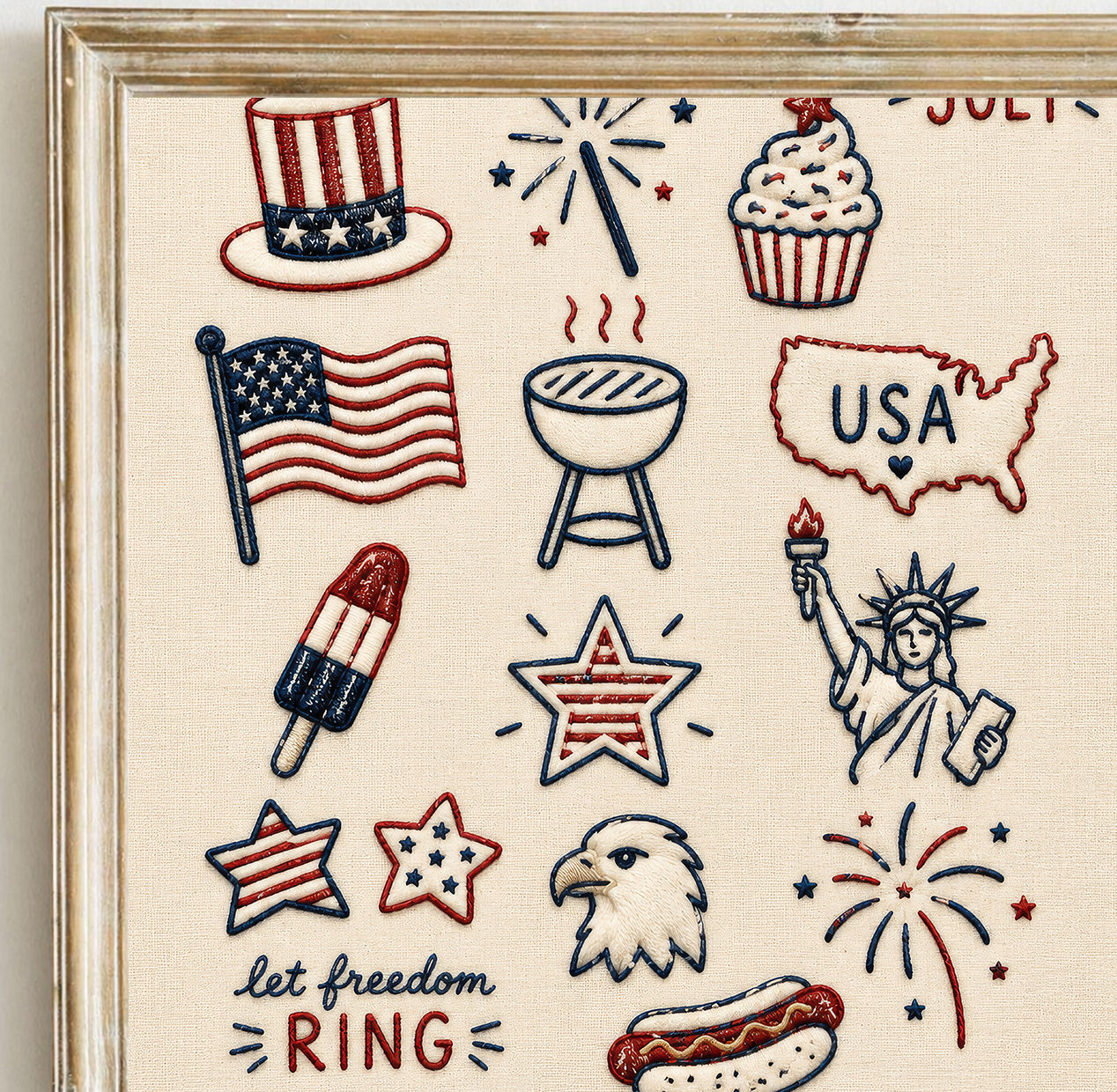 Embroidered 4th of July Icons Print, Patriotic USA Sampler Poster, Americana Wall Art (Digital Download)