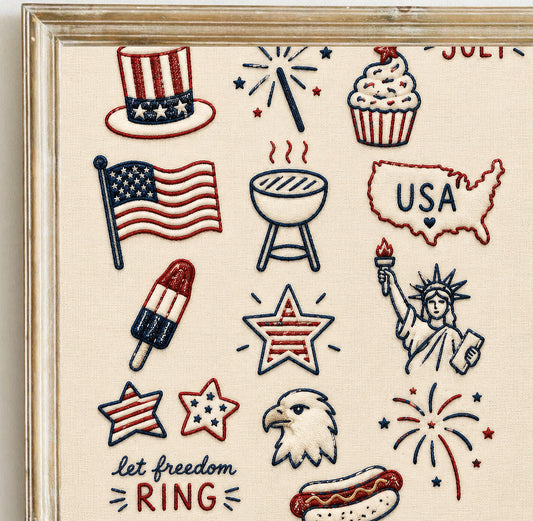 Embroidered 4th of July Icons Print, Patriotic USA Sampler Poster, Americana Wall Art (Digital Download)