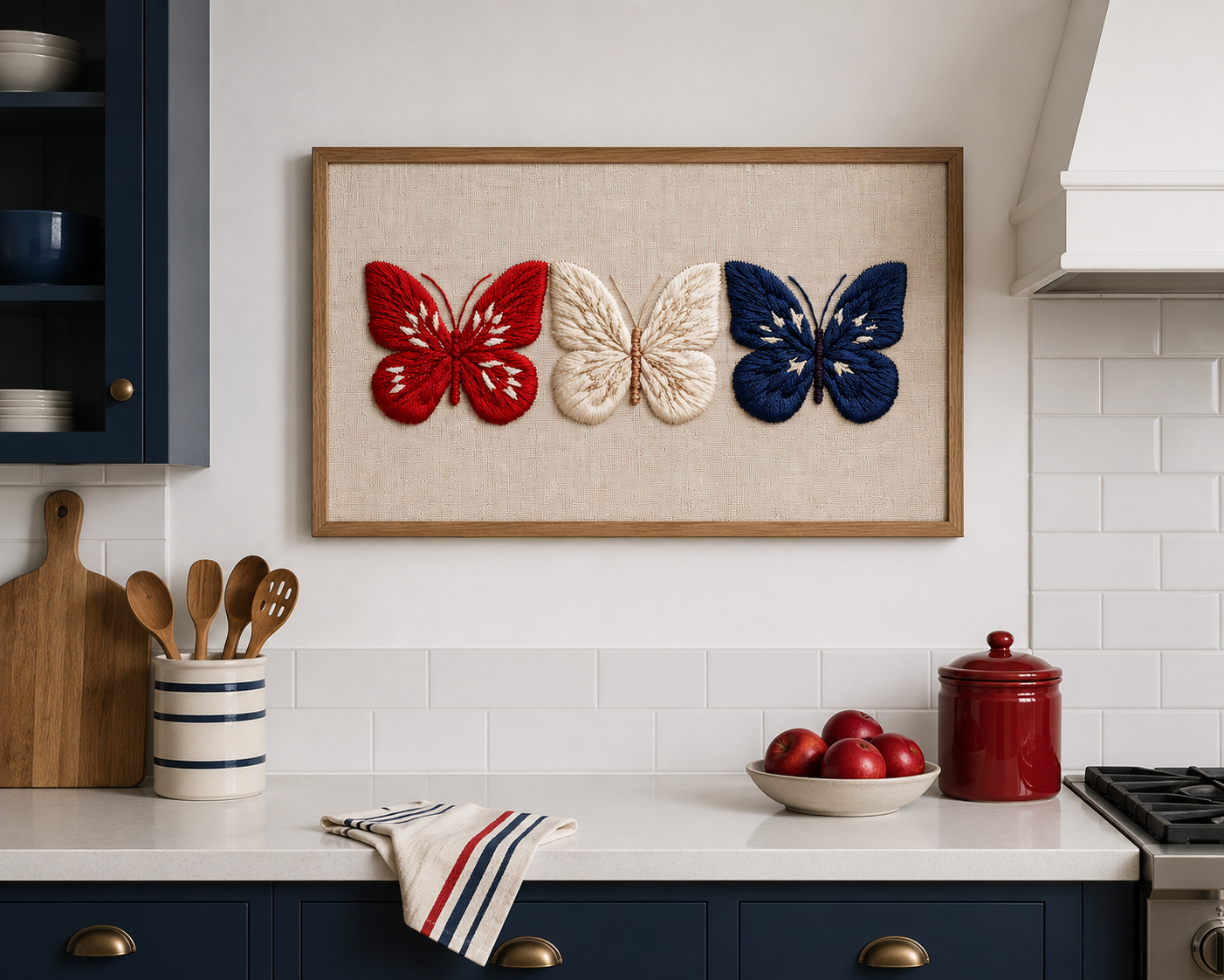 Embroidered Patriotic Butterfly Wall Art, Red White Blue Americana Print, 4th of July Textile Poster, Summer Decor