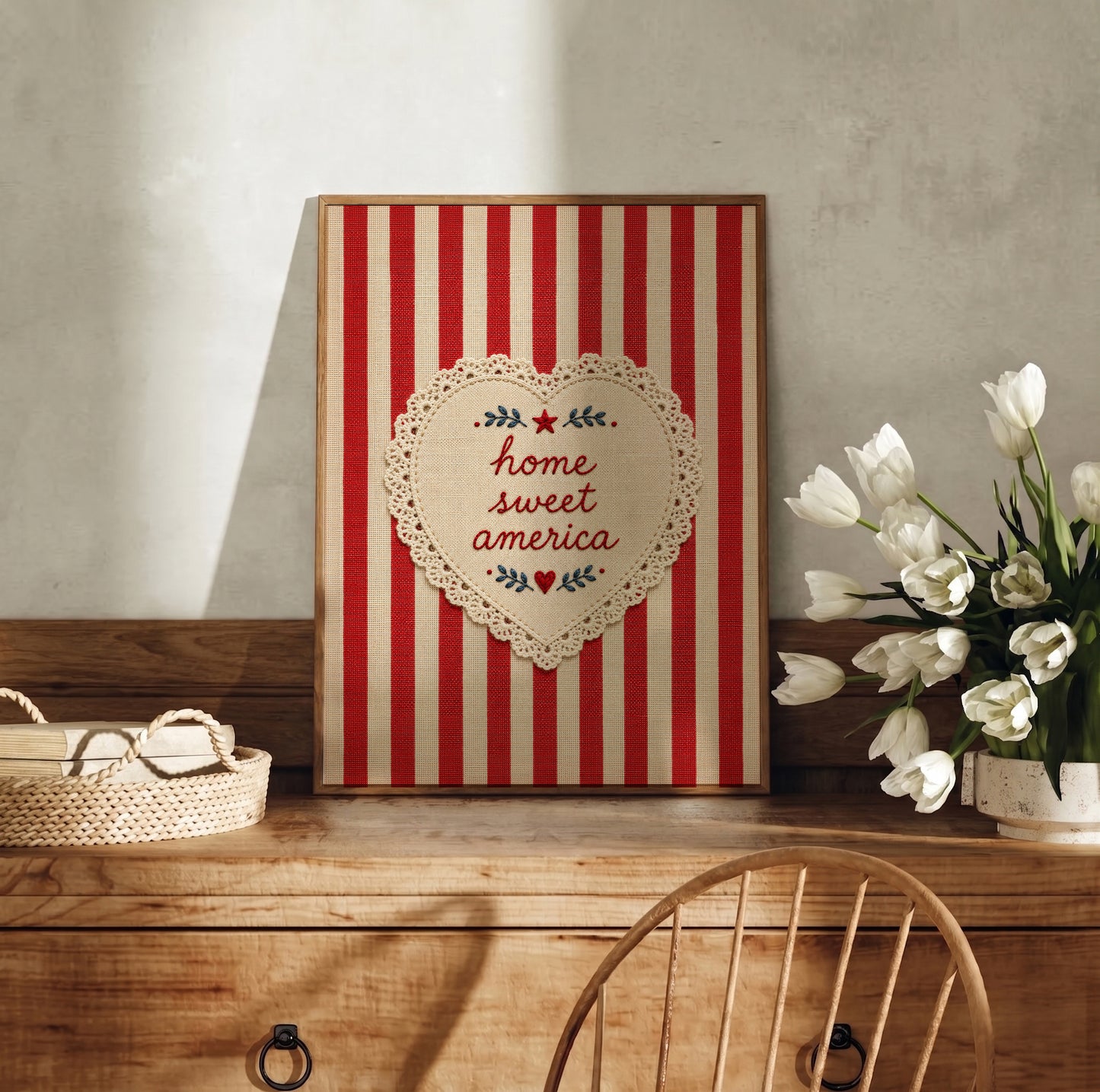 Embroidered Home Sweet America Wall Art, Patriotic 4th of July Print, Americana Textile Poster (Digital Download)