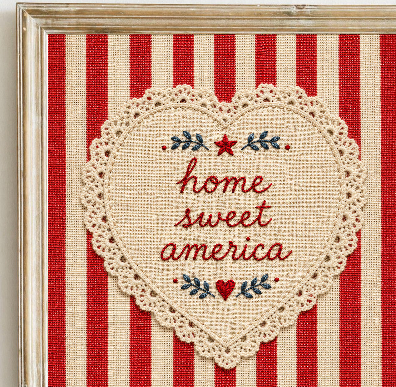Embroidered Home Sweet America Wall Art, Patriotic 4th of July Print, Americana Textile Poster (Digital Download)
