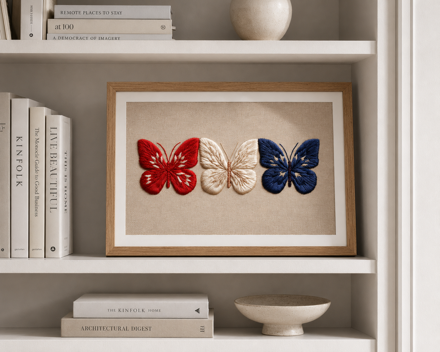 Embroidered Patriotic Butterfly Wall Art, Red White Blue Americana Print, 4th of July Textile Poster, Summer Decor