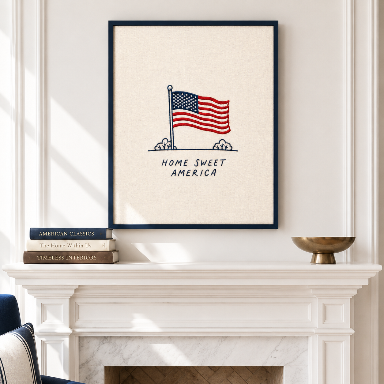 Embroidered American Flag Wall Art, Home Sweet America, Vintage Patriotic Print (Digital Download)