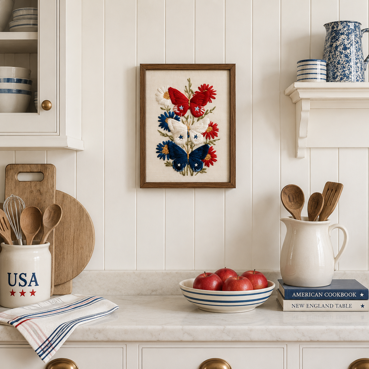 Embroidered Patriotic Butterfly Wall Art, Red White Blue Floral Print, 4th of July Americana Decor (Digital Download)