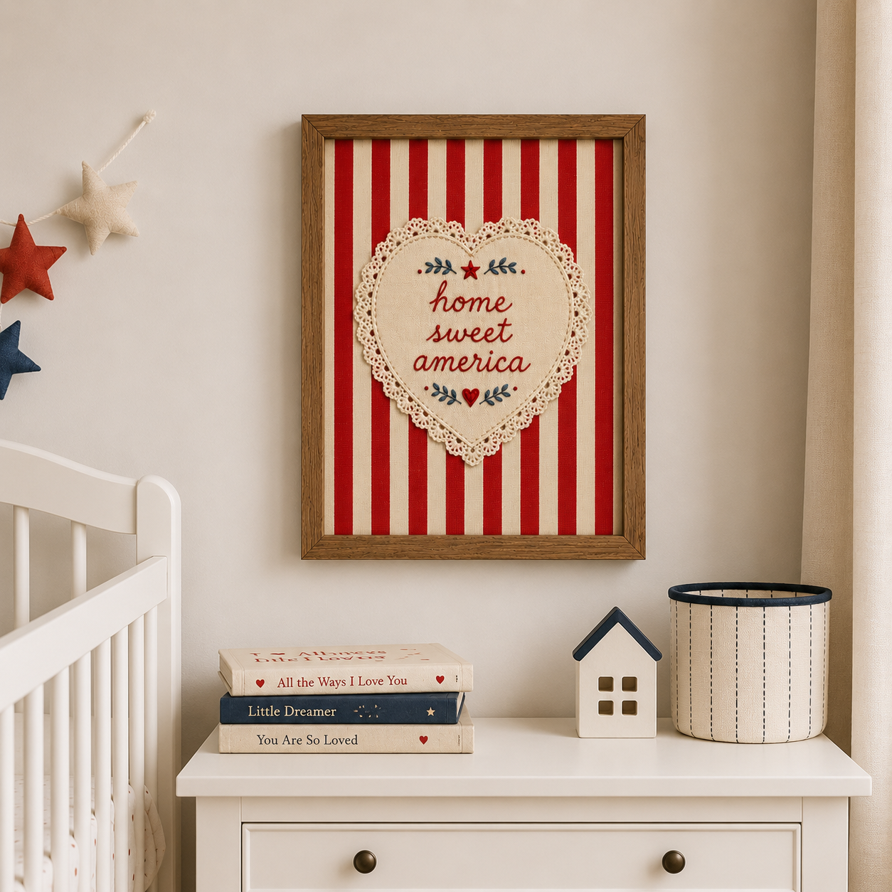 Embroidered Home Sweet America Wall Art, Patriotic 4th of July Print, Americana Textile Poster (Digital Download)