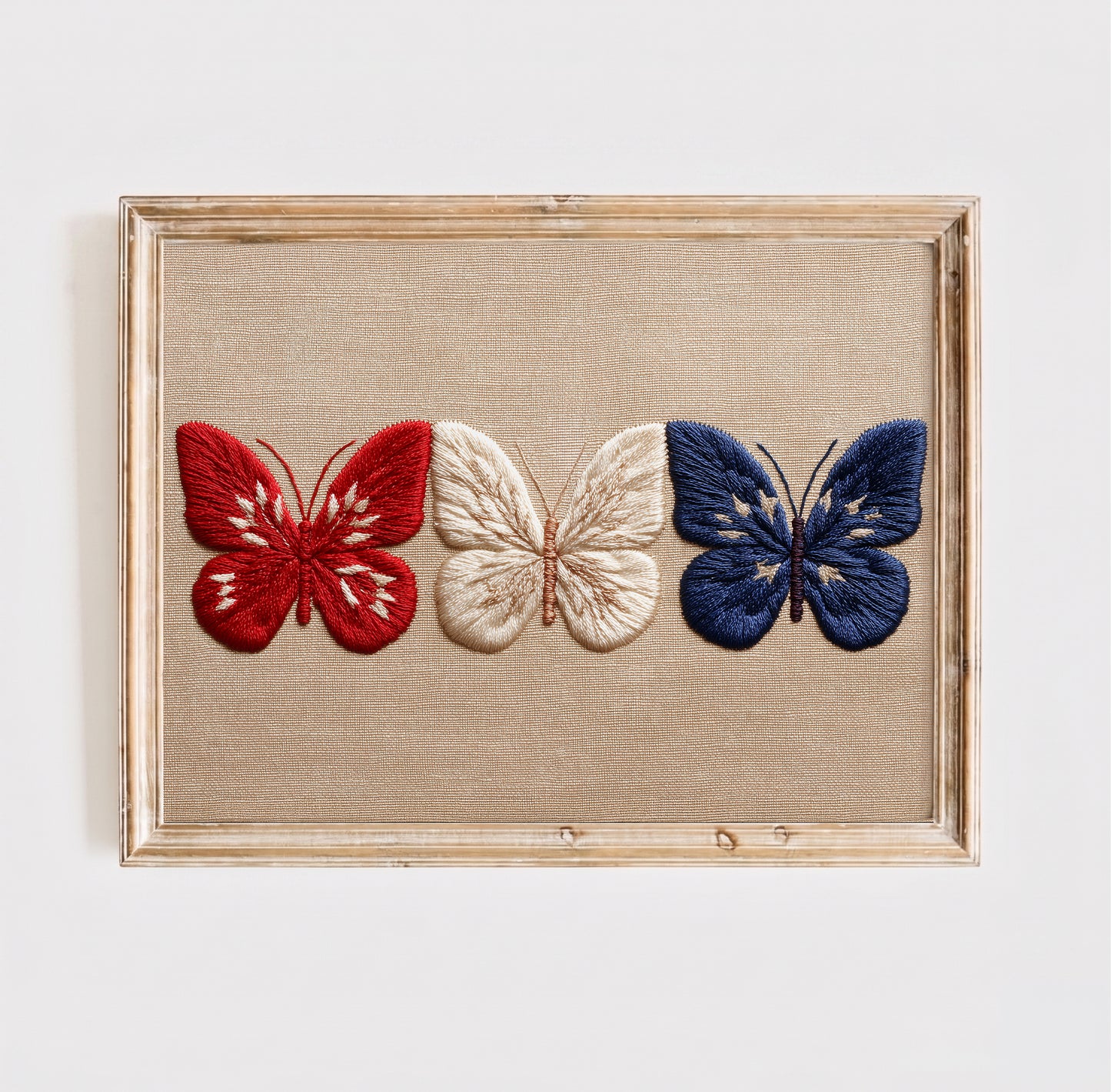 Embroidered Patriotic Butterfly Wall Art, Red White Blue Americana Print, 4th of July Textile Poster, Summer Decor