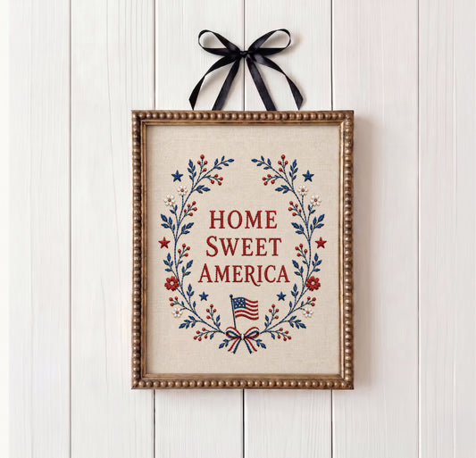 Embroidered Home Sweet America Print, Patriotic Floral Wreath Textile, 4th of July Poster (Digital Download)