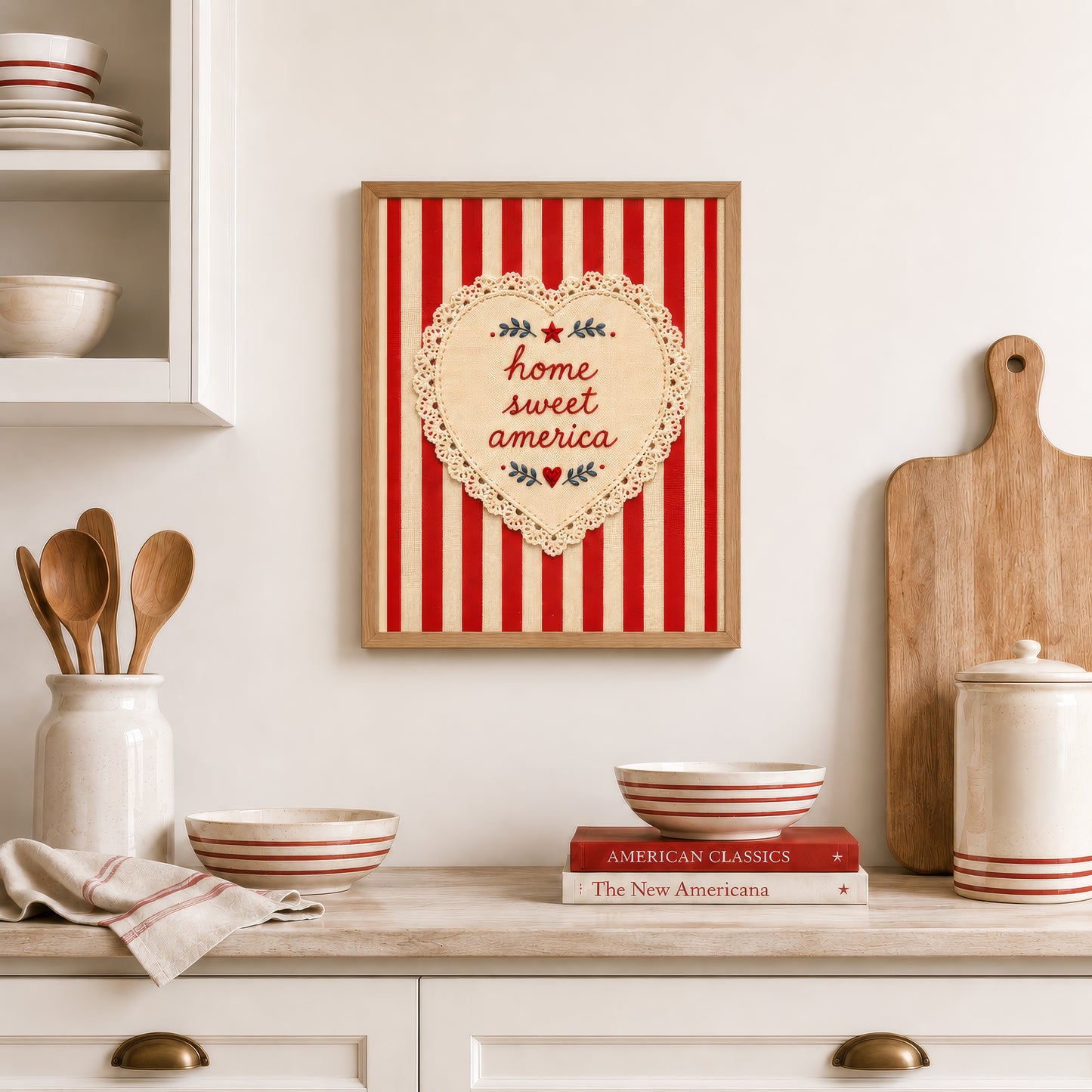Embroidered Home Sweet America Wall Art, Patriotic 4th of July Print, Americana Textile Poster (Digital Download)